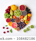 Heart-shaped platter of colorful and nutrient-rich fruits and vegetables, a perfect centerpiece for any occasion. Showcasing the beauty of healthy eating. AI Generative. 108482186