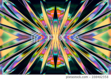 A kaleidoscope-like image that shines in rainbow metallic hologram colors that spread radially. 108482358