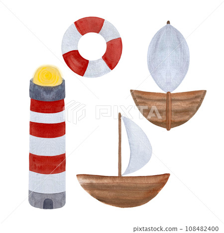 Watercolor lighthouse wooden sailboat set Watercolor lighthouse wooden sailboat set 108482400