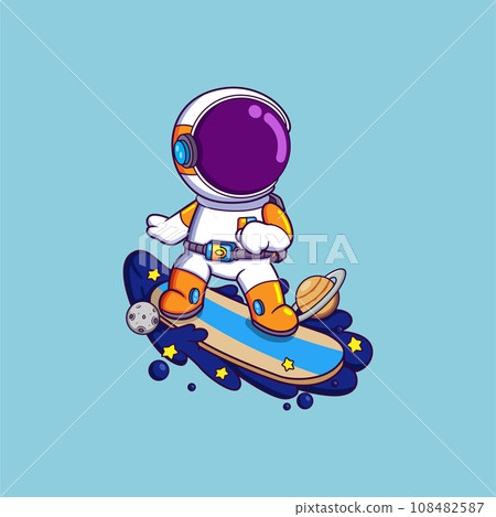 astronauts surf on a surfboard in space with planets and ocean waves of illustration 108482587