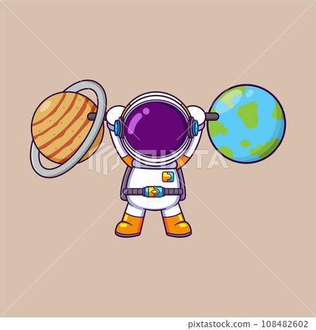Cute Astronaut Lifting planet And Earth Barbell Cartoon character of illustration Cute Astronaut Lifting planet And Earth Barbell Cartoon character of illustration 108482602
