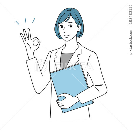 A woman in a white coat signs OK with a smile 108483133