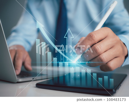 Stock market, Business growth, progress or success concept. Businessman or trader is showing a growing virtual hologram stock, invest in trading. 108483173