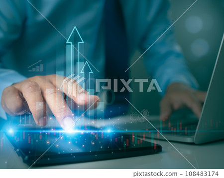 Business development concepts for success and growth. Businessman taps fingers on tablet to display graphs and indicators for future growth plans of the organization. Finance, management, plans. Business development concepts for success and growth. Businessman taps fingers on tablet to display graphs and indicators for future growth plans of the organization. Finance, management, plans. 108483174