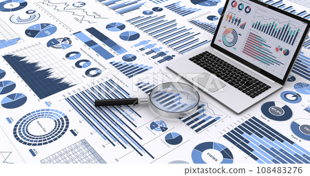 An image of a laptop displaying business data, various graphs and charts, and analyzing and considering business data. 108483276