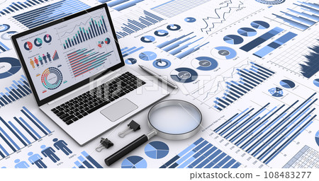 An image of a laptop displaying business data, various graphs and charts, and analyzing and considering business data. 108483277