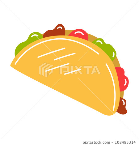 Mexican taco, burrito,flatbread with vegetables and meat in vector cartoon style, isolated on white. 108483314