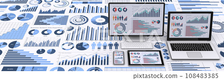 An image of a PC displaying business data, various graphs and charts, and analyzing and considering business data. An image of a PC displaying business data, various graphs and charts, and analyzing and considering business data. 108483385