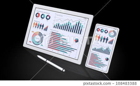 Image of tablet and smartphone displaying business data and data analysis Image of tablet and smartphone displaying business data and data analysis 108483388