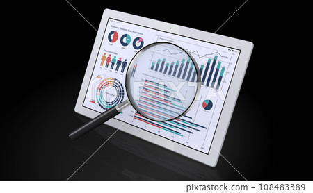 Data analysis image of examining a tablet device displaying business data with a magnifying glass 108483389