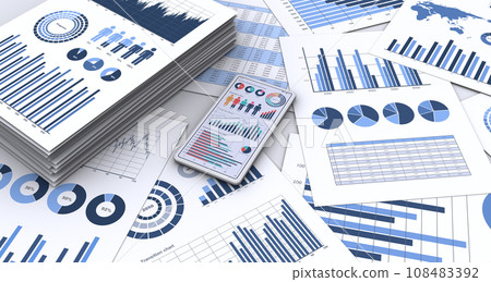 An image of a smartphone and a pile of business materials, building a business strategy and analyzing data 108483392