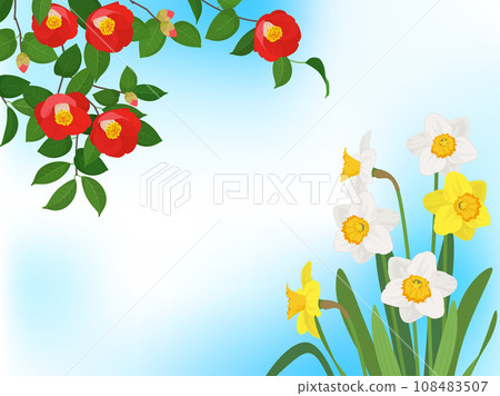 Camellia and daffodil frame background 108483507