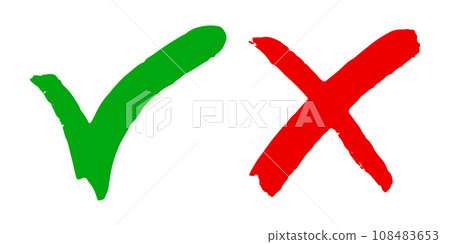 Hand drawn of Green check mark and Red cross isolated. Right and wrong icon. Vector illustration. 108483653