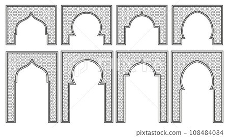 Islamic frame with arch and ornament. Ramadan gate on geometric background for wedding invitation design. Vector oriental decorations set. Islamic frame with arch and ornament. Ramadan gate on geometric background for wedding invitation design. Vector oriental decorations set. 108484084