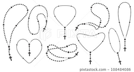Rosary beads silhouettes set. Prayer heart shaped jewelry for meditation. Catholic chaplet with a cross. Religion symbol. Vector illustration. 108484086