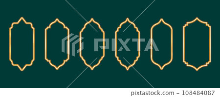 Ramadan golden frame. Islamic window shape. Arabic vector arch. Muslim vintage border for design. Indian decoration in oriental style. Ramadan golden frame. Islamic window shape. Arabic vector arch. Muslim vintage border for design. Indian decoration in oriental style. 108484087