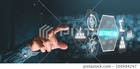 Automation concept, Person hand touching automation icon on virtual screen with blue bokeh background, High Tech Industrial Technology Using Modern Machine Learning. 108484247