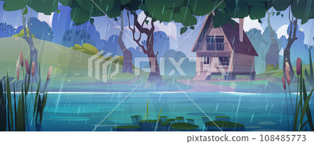 Forest landscape with wooden hut in rain. 108485773