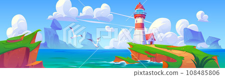 Lighthouse on rocky island in sea 108485806