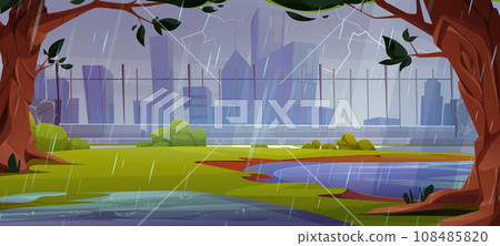 Rain in city park with fence and lake cartoon Rain in city park with fence and lake cartoon 108485820