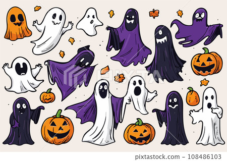 Halloween set funny ghosts with pumpkins on color background, vector 108486103
