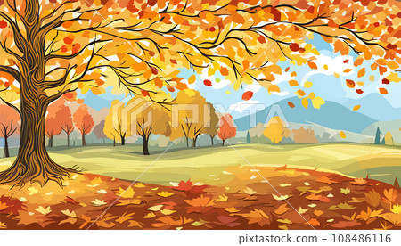 banner Autumn Landscape Forest Blue Cloud Sky on the background of hills and mountains yellow trees, vector illustration 108486116