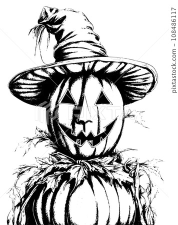Pumpkin Scarecrow on white background, sketch vector illustration. 108486117