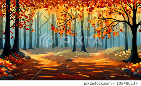 banner Autumn Landscape Forest Blue Cloud Sky on the background of hills and mountains yellow trees, vector illustration 108486137