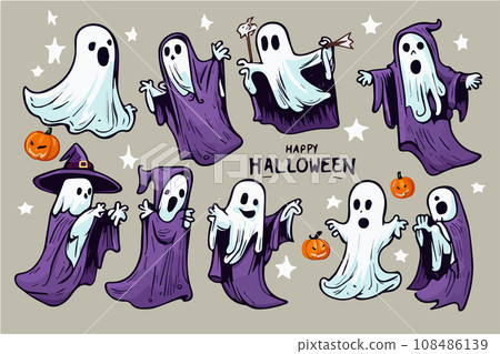 Set of cute halloween ghosts, sketch of ghost on colored background. Collection 108486139