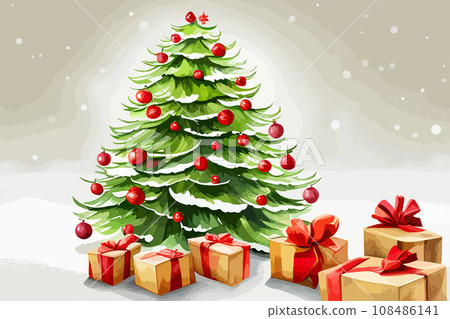 Christmas tree decorated by golden star and colorful baubles and gifts with snow covered rural landscape on background at winter day. 108486141