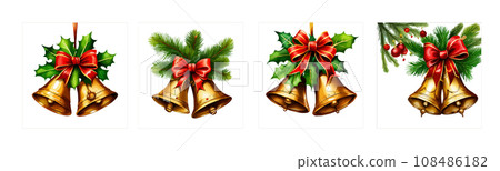 Christmas Decoration Golden metal bell with red bow isolated on a white background, vintage bell. vector illustration. Christmas Decoration Golden metal bell with red bow isolated on a white background, vintage bell. vector illustration. 108486182