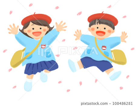 Illustration of a child wearing a smock with a smiling face jumping (with hat) 108486281
