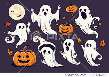 Ghosts Halloween Cartoon with pumpkins on color background, vector illustration. 108486289