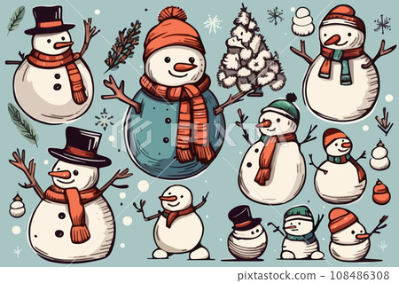 cute cartoon christmas snowmen set isolated on colored background vector illustration cute cartoon christmas snowmen set isolated on colored background vector illustration 108486308