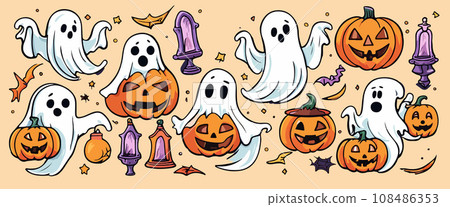 Set of cute halloween ghosts, sketch of ghost on colored background. Collection 108486353