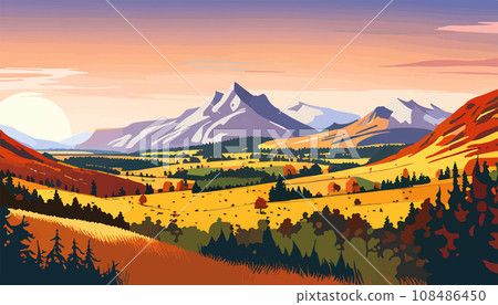 Original painting of beautiful autumn landscape, forest, mountains and river on canvas. Original painting of beautiful autumn landscape, forest, mountains and river on canvas. 108486450
