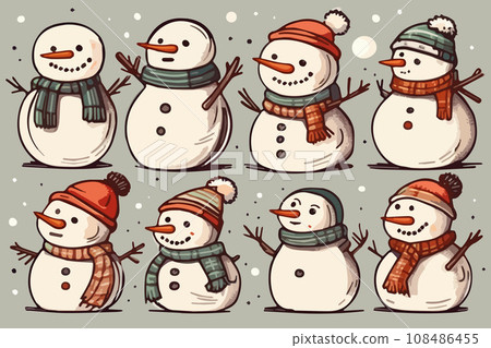 cute cartoon christmas snowmen set isolated on colored background vector illustration 108486455