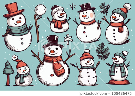 sketch cute snowman in hats and scarves hand drawn. Bright Christmas characters set isolated on colored background. vector illustration sketch cute snowman in hats and scarves hand drawn. Bright Christmas characters set isolated on colored background. vector illustration 108486475