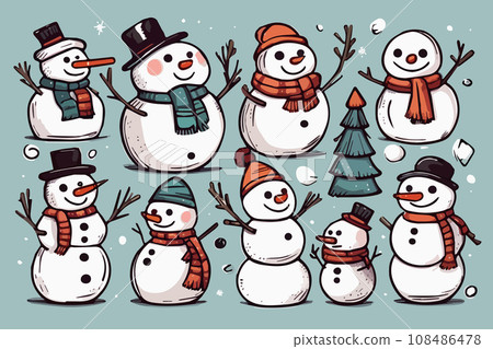 sketch cute snowman in hats and scarves hand drawn. Bright Christmas characters set isolated on colored background. vector illustration 108486478
