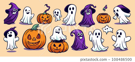 Ghosts Halloween Cartoon with pumpkins on color background, vector illustration. 108486500