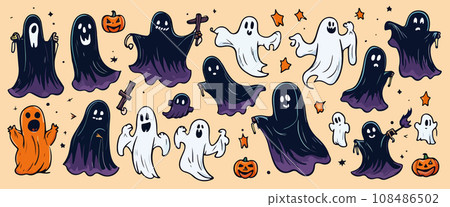 Ghosts Halloween Cartoon with pumpkins on color background, vector illustration. 108486502