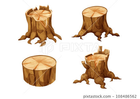 Set forest wooden stump tree trunk with roots, cut section in cartoon style isolated. Plant detailed Set forest wooden stump tree trunk with roots, cut section in cartoon style isolated. Plant detailed 108486562