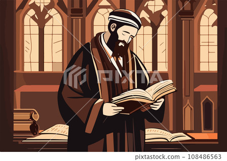 Pious jew prays in synagogue, reading torah, vector illustration, religion 108486563