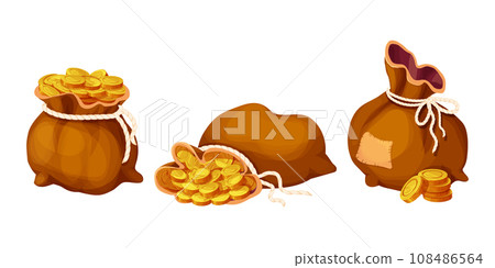 Set Money bag, sack with golden coins in cartoon style isolated on white. Game element asset success, trophy. Set Money bag, sack with golden coins in cartoon style isolated on white. Game element asset success, trophy. 108486564