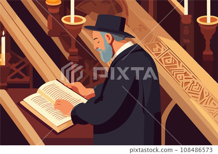 Pious jew prays in synagogue, reading torah, vector illustration, religion 108486573