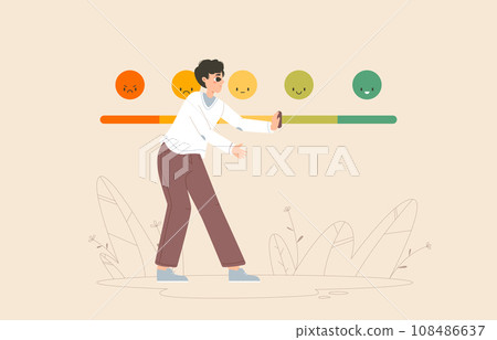 Dissatisfaction bar. Young adult or teenager pushing rating or mood. Good review or feedback, next high level. Guy like snugly vector concept 108486637