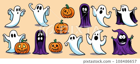 Ghosts Halloween Cartoon with pumpkins on color background, vector illustration. Ghosts Halloween Cartoon with pumpkins on color background, vector illustration. 108486657