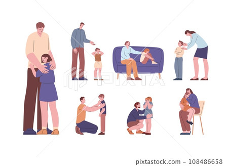 Parents children conflict. Family support and abusing, education process and childish disobedient. Kids crying and mischievous, parenthood kicky vector scenes Parents children conflict. Family support and abusing, education process and childish disobedient. Kids crying and mischievous, parenthood kicky vector scenes 108486658