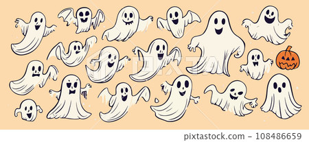 Ghosts Halloween Cartoon with pumpkins on color background, vector illustration. 108486659