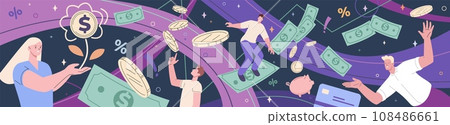 Financial concept with money and people. Bank managers, rich people. Business characters investment, abstract budget kicky vector scene Financial concept with money and people. Bank managers, rich people. Business characters investment, abstract budget kicky vector scene 108486661